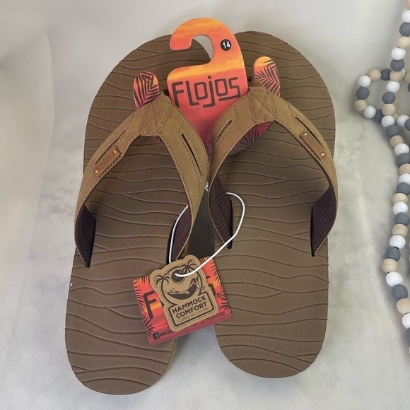 Flojos waverunner, sporty fabric lined strap w/texture sock Tan Men size 14 - Picture 1 of 5